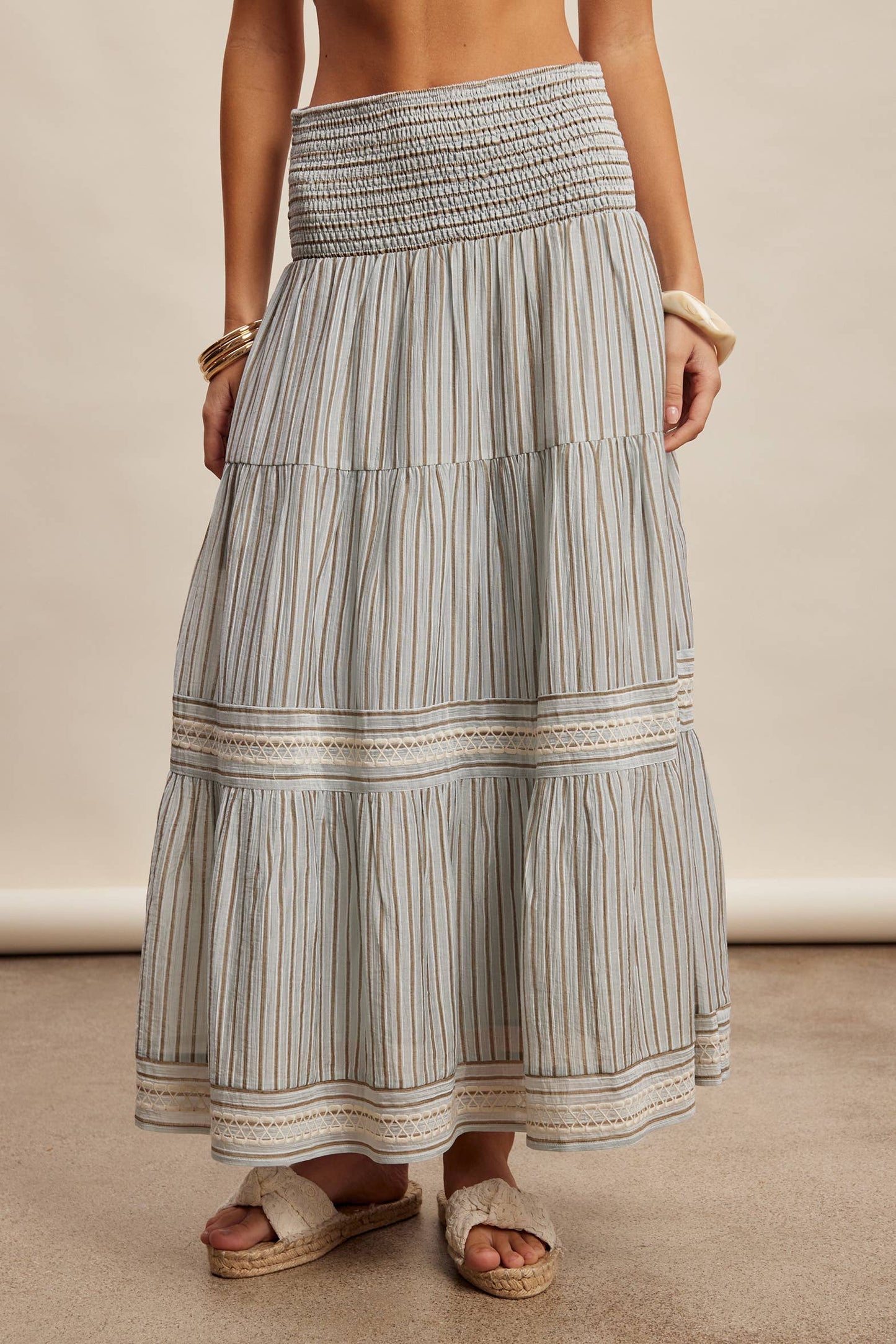 Striped Smocked Maxi Skirt with Embroidery Accents