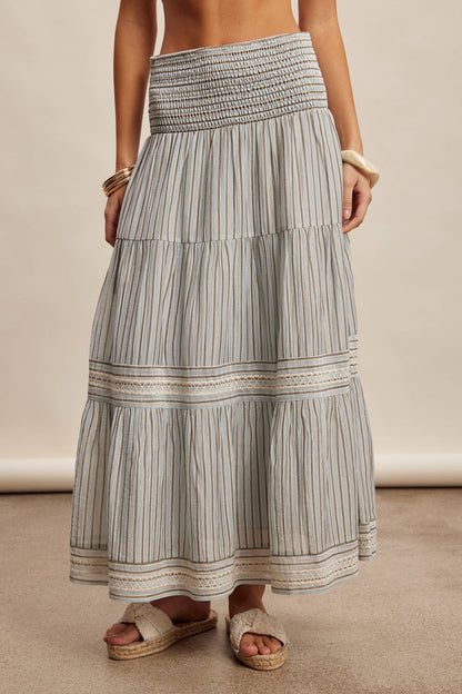 Striped Smocked Maxi Skirt with Embroidery Accents