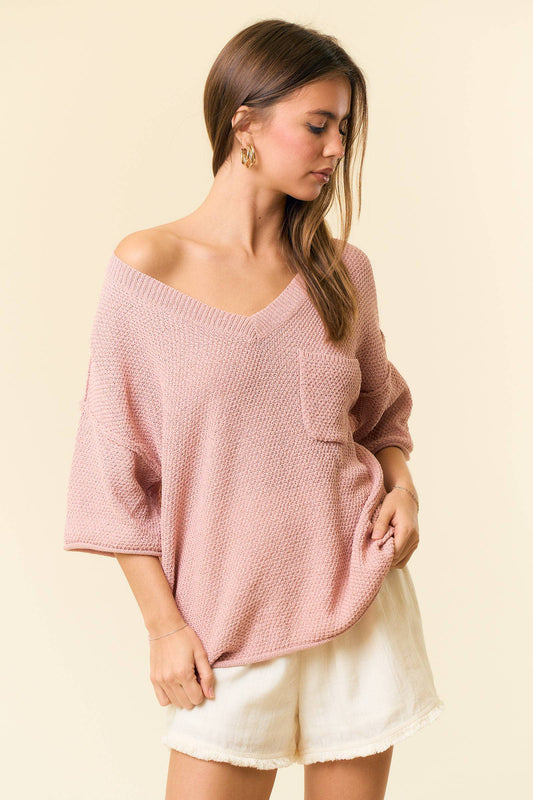 V-Neck Dropped Short Sleeve Exposed Seam Sweater - 44339T