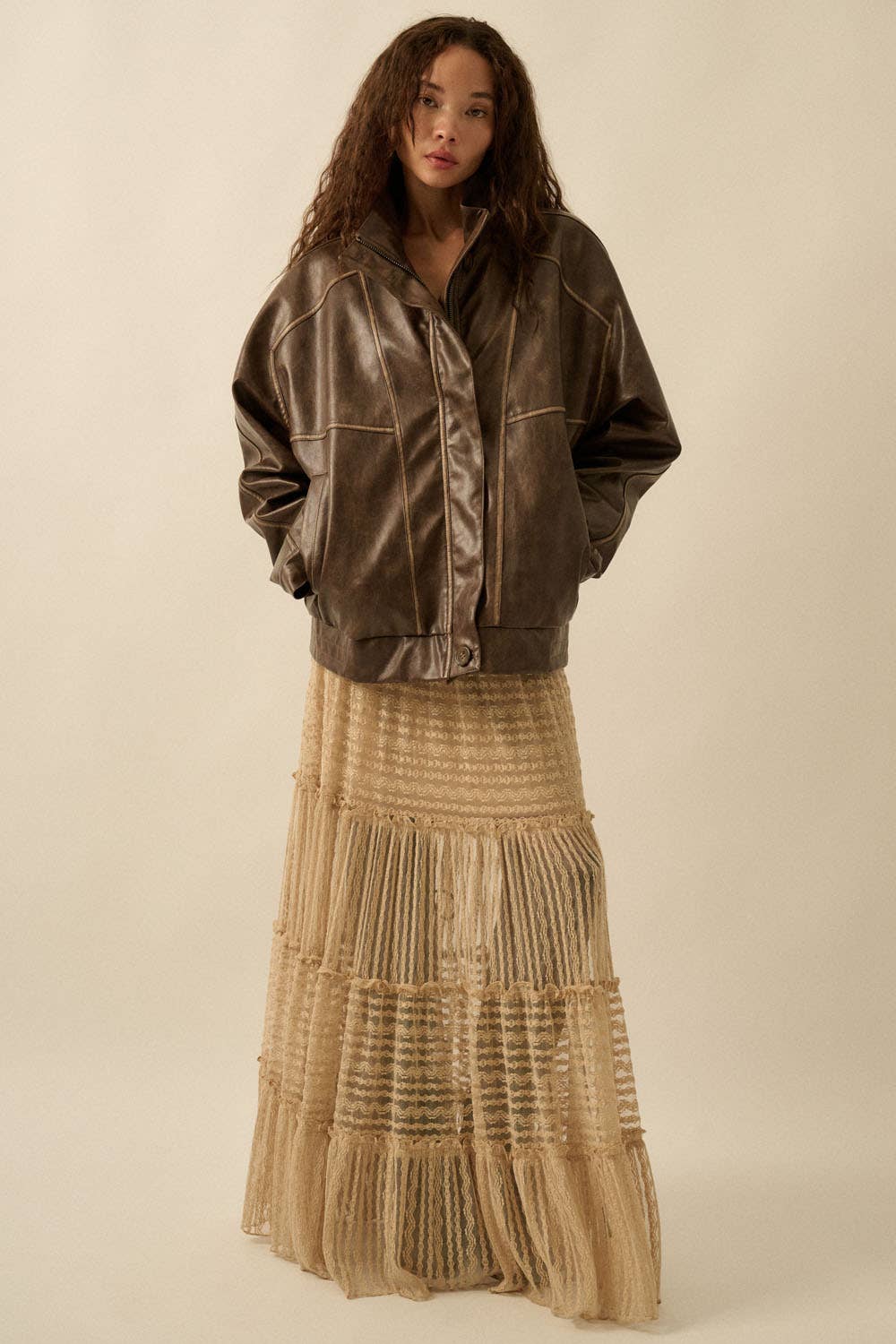 Faux Leather Piping-Trimmed Zip-Up Jacket