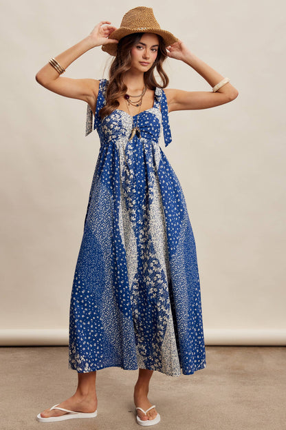 Patchwork Tie Strap Cotton Maxi Dress LD1625