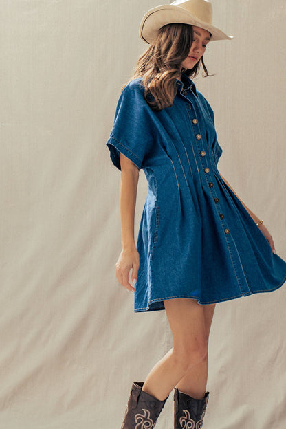 Tailored Waist Short Sleeve Denim Shirtdress