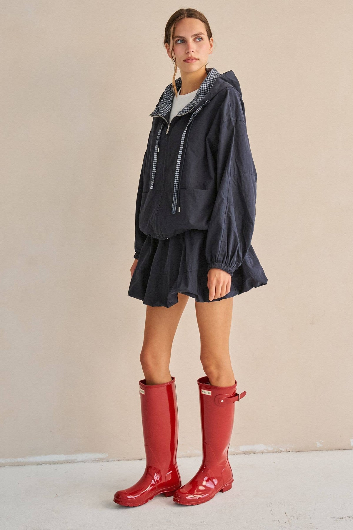 DRAWSTRING GINGHAM HOODED JACKET