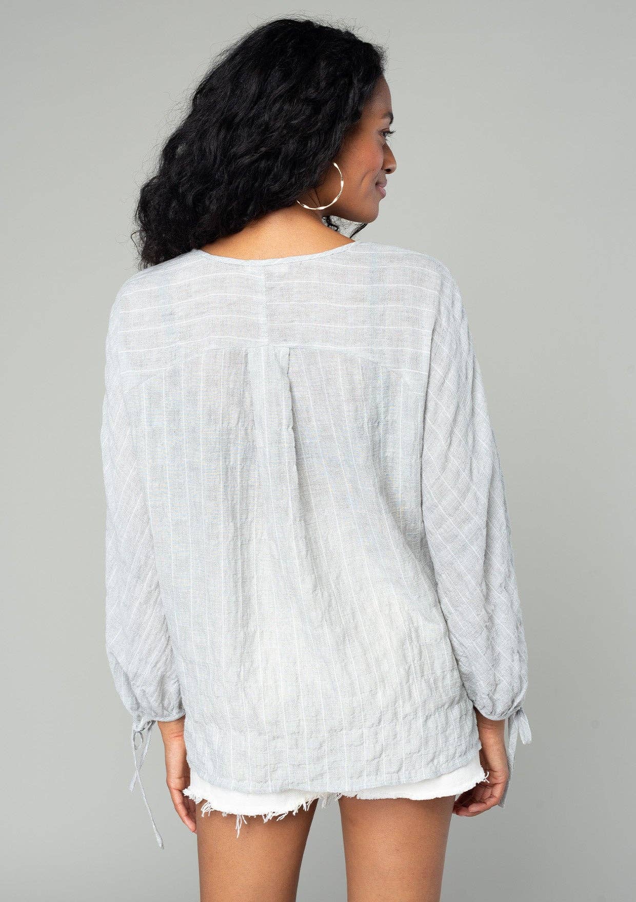 Striped 3/4 Sleeve Curved Yoke Split Neck Top