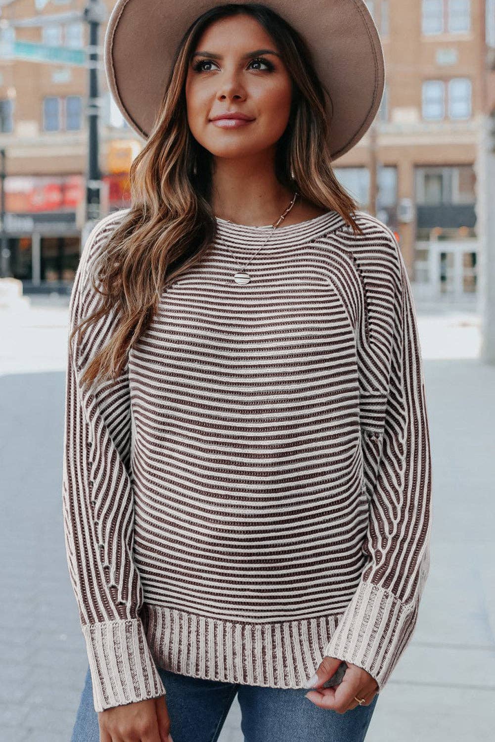 Dahlia Striped Print Ribbed Knit Boat Neck Baggy Sweater
