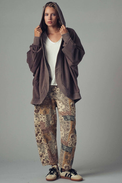 Washed Waffle Knit Hooded Cardigan