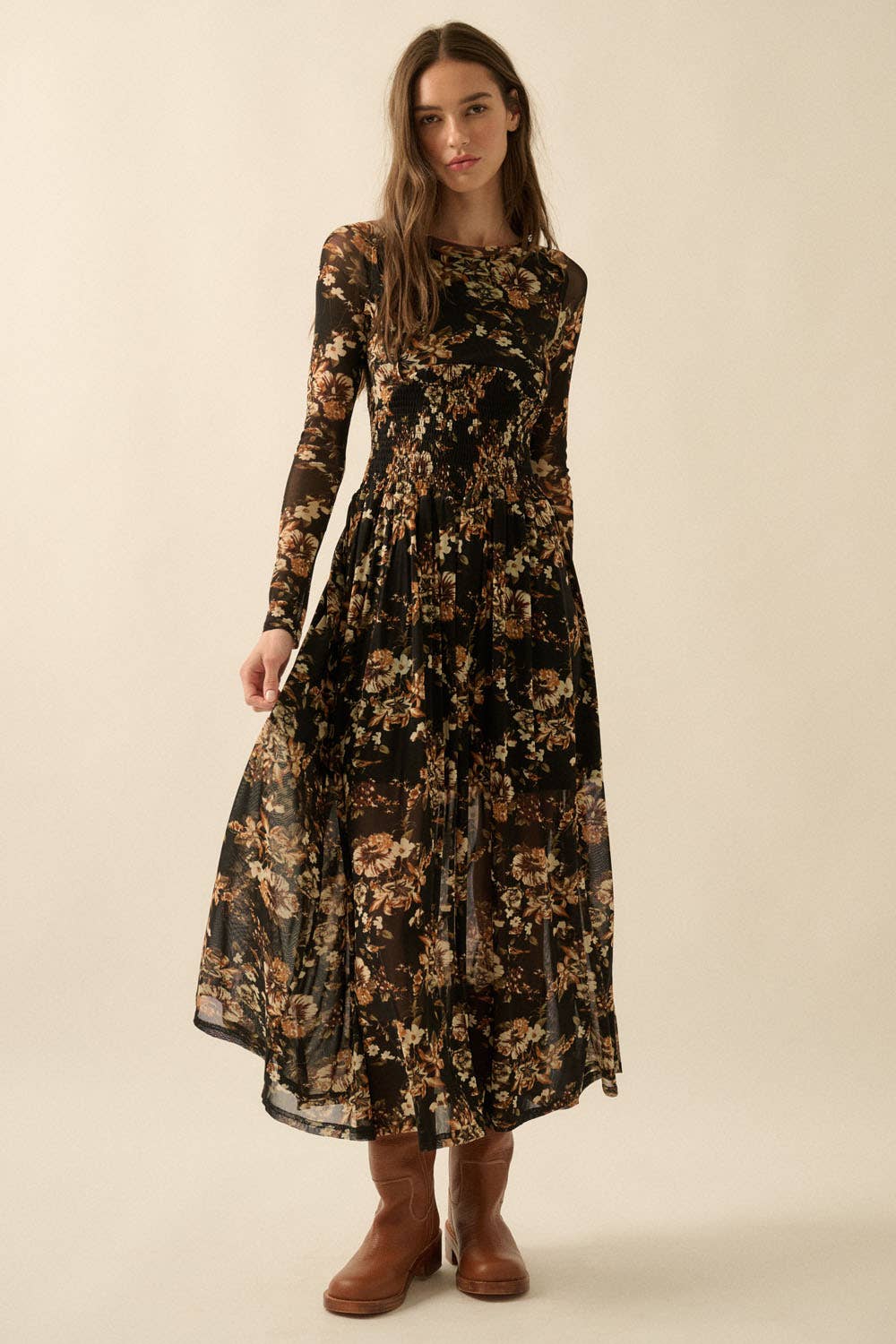Floral Mesh Smocked Long-Sleeve Midi Dress