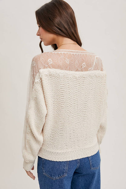 BOAT NECK LACE TRIMMED KNIT SWEATER PULLOVER