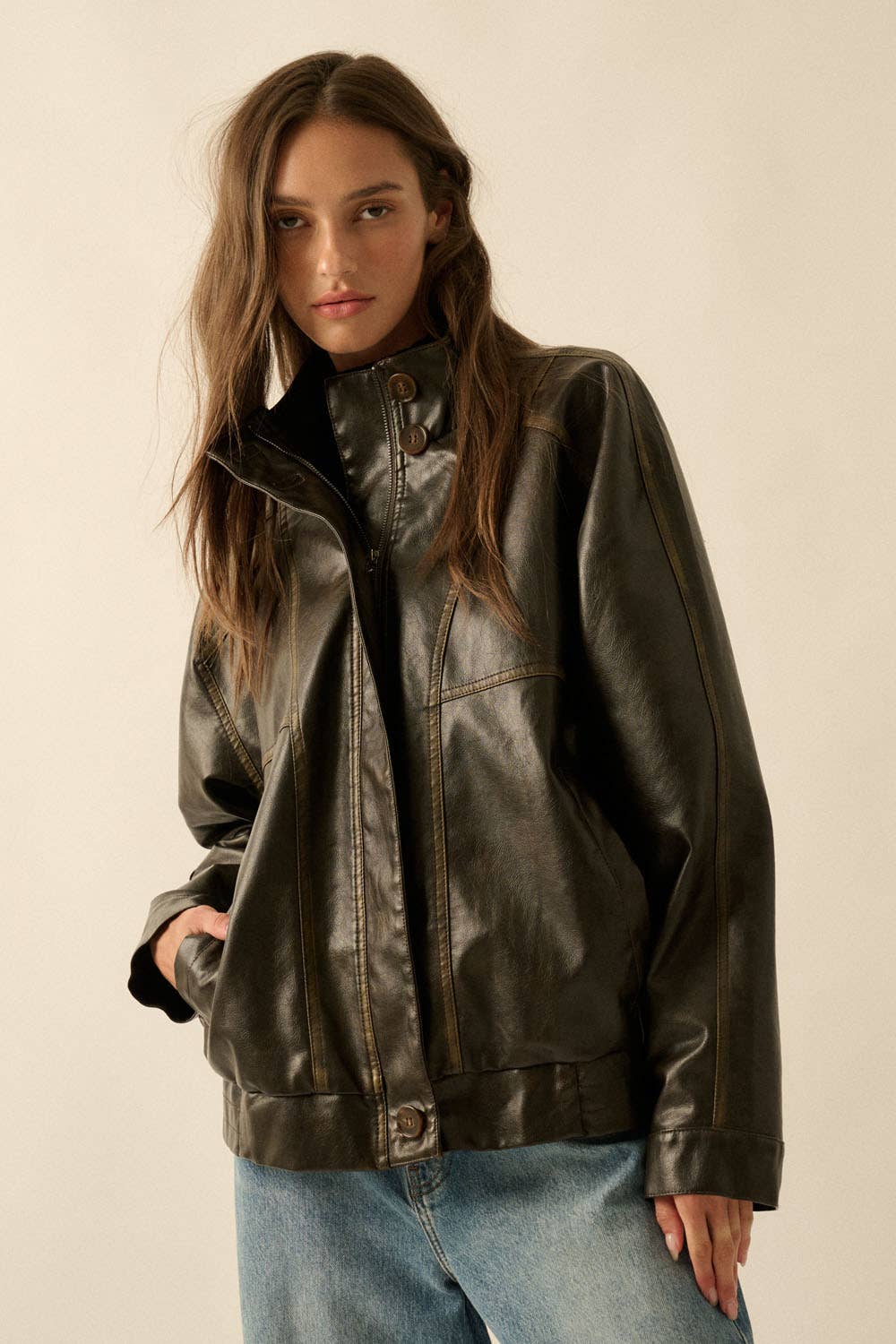 Faux Leather Piping-Trimmed Zip-Up Jacket