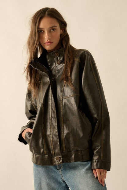 Faux Leather Piping-Trimmed Zip-Up Jacket