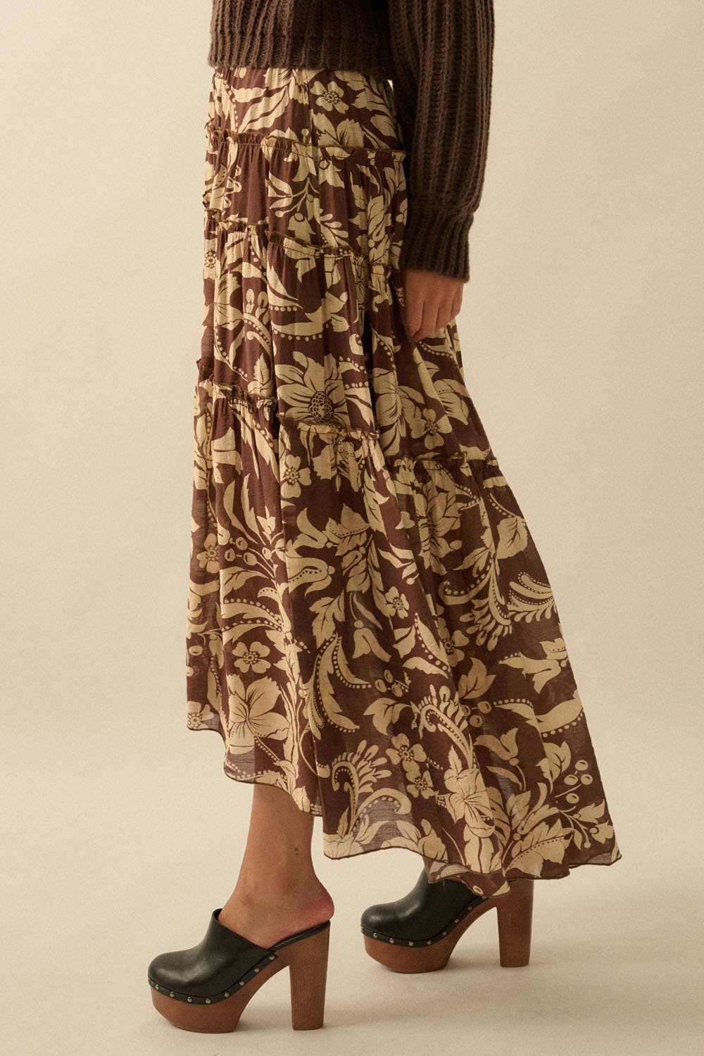 Floral-Print Buttoned Tiered Ruffle Maxi Skirt