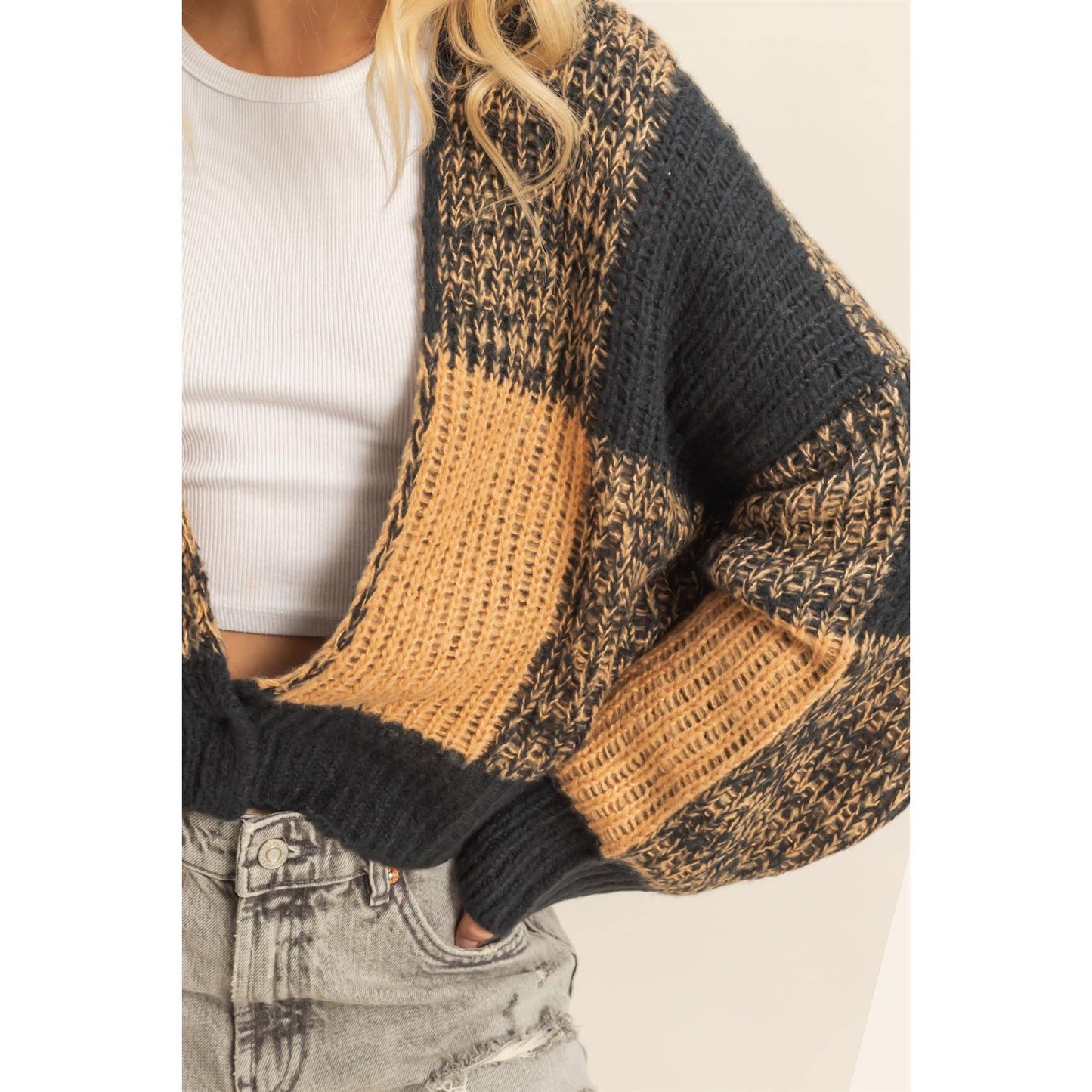 Two-Tone Checkered Sweater Cardigan