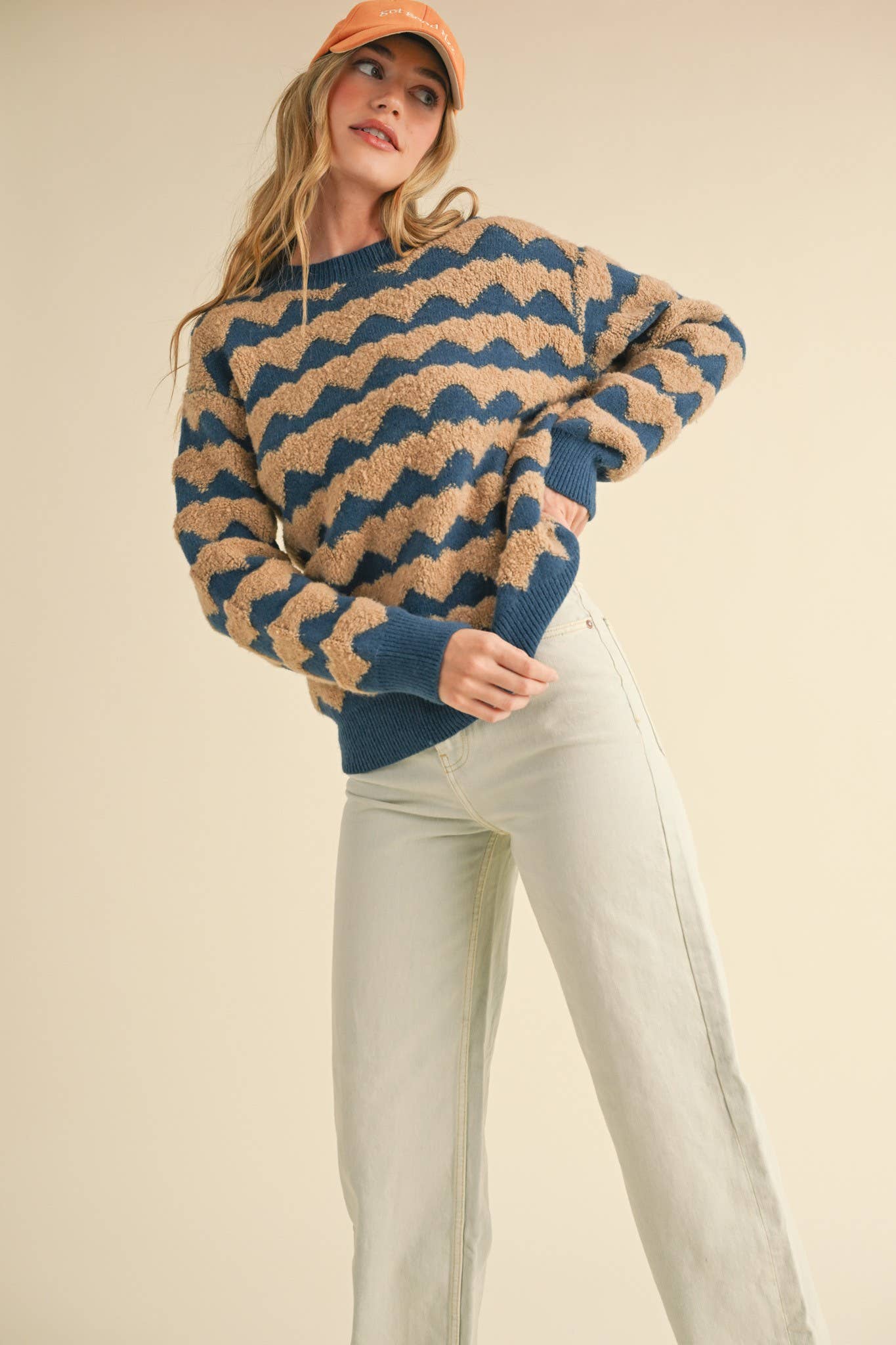 FUZZY TEXTURED HEART STRIPE SWEATER MSW10640