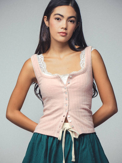 Ribbed Cotton Button-Front Picot Trim Tank