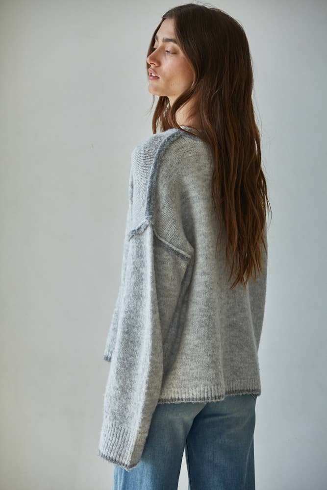 W2141 | Knit Sweater Crew Neck Pullover Top With Rolled Edge
