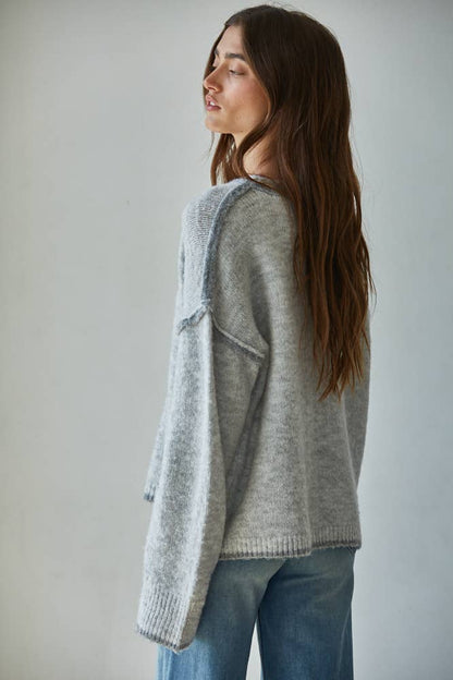 W2141 | Knit Sweater Crew Neck Pullover Top With Rolled Edge