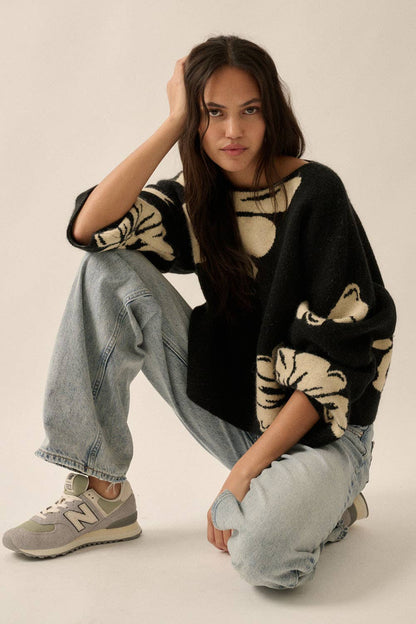 Solid Contrasting Floral Sweater