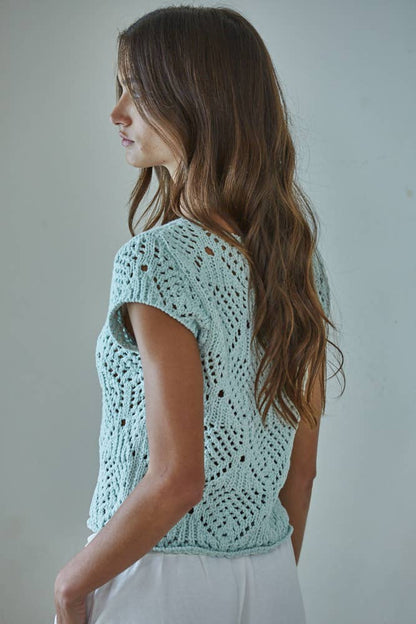 W2030 | Knit Sweater Cotton Crochet V-Neck Cap Sleeve Top