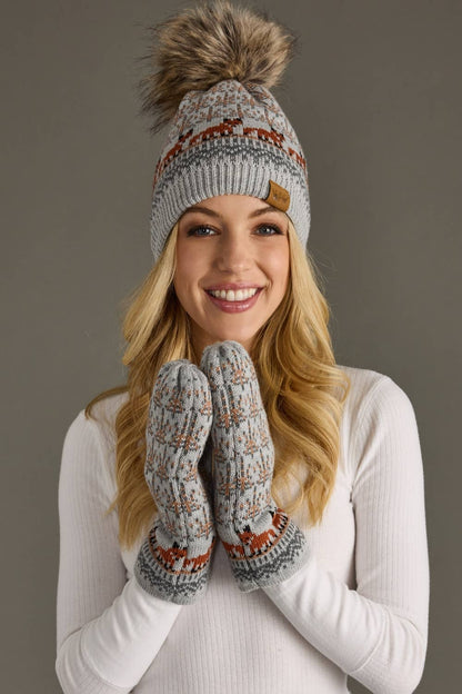 Gray Fox Pattern Pom Hat