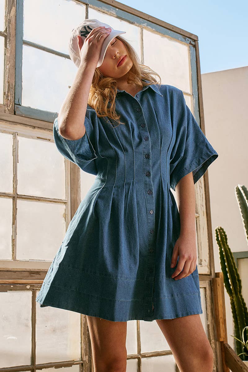 Tailored Waist Short Sleeve Denim Shirtdress