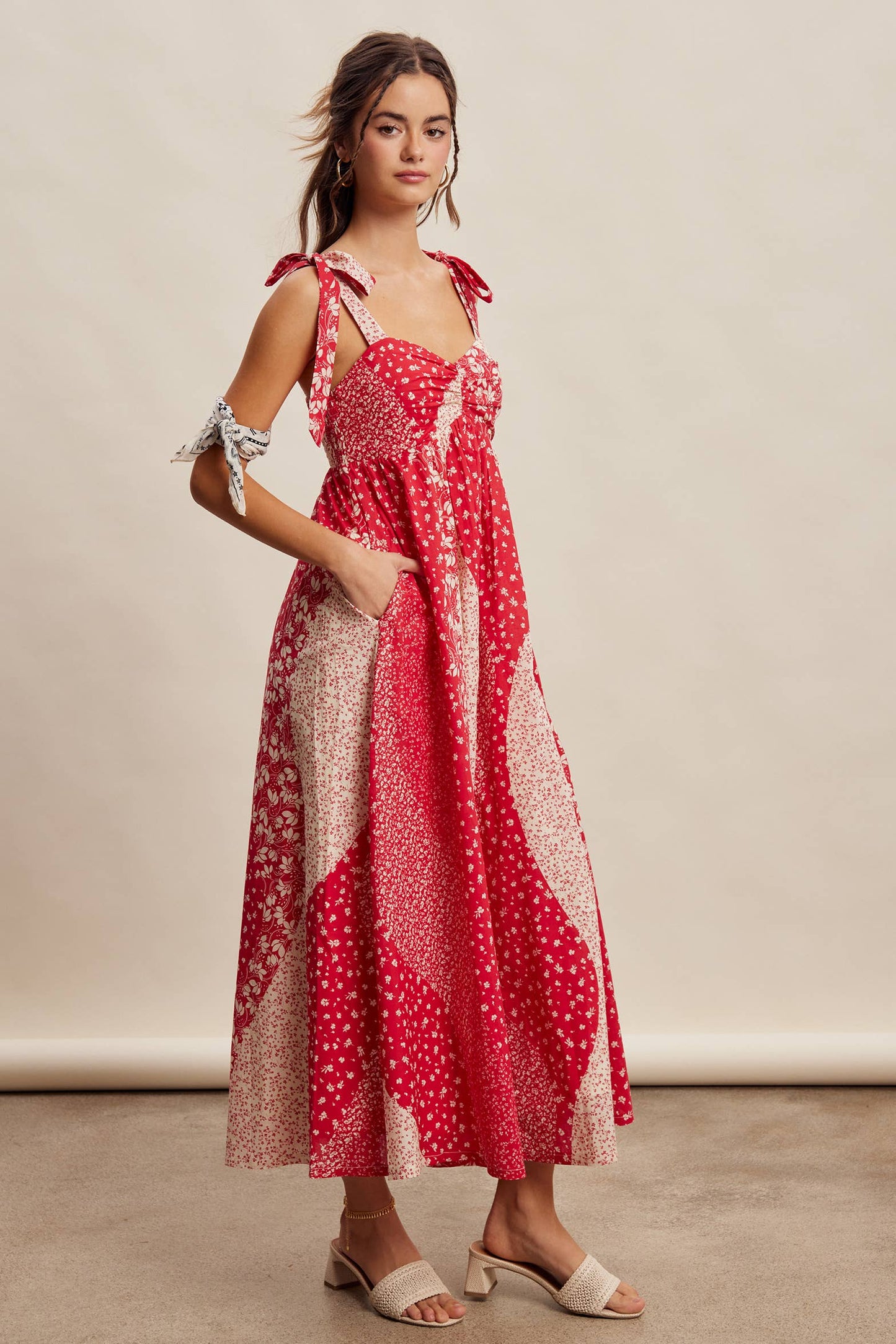 Patchwork Tie Strap Cotton Maxi Dress LD1625