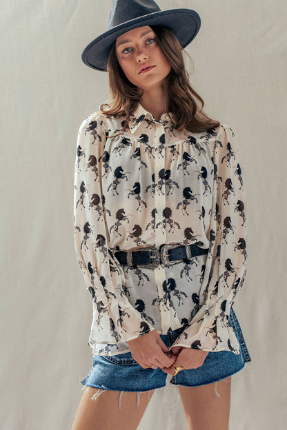 Western Horse Print Button Down Blouse Flared Cuff