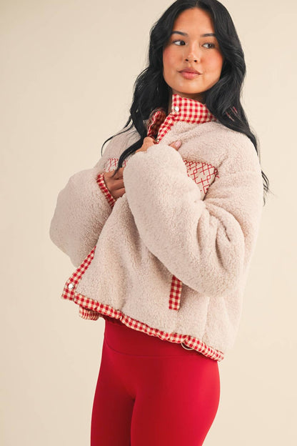 Cozy Sherpa Jacket with Gingham Lining and Holiday Trim