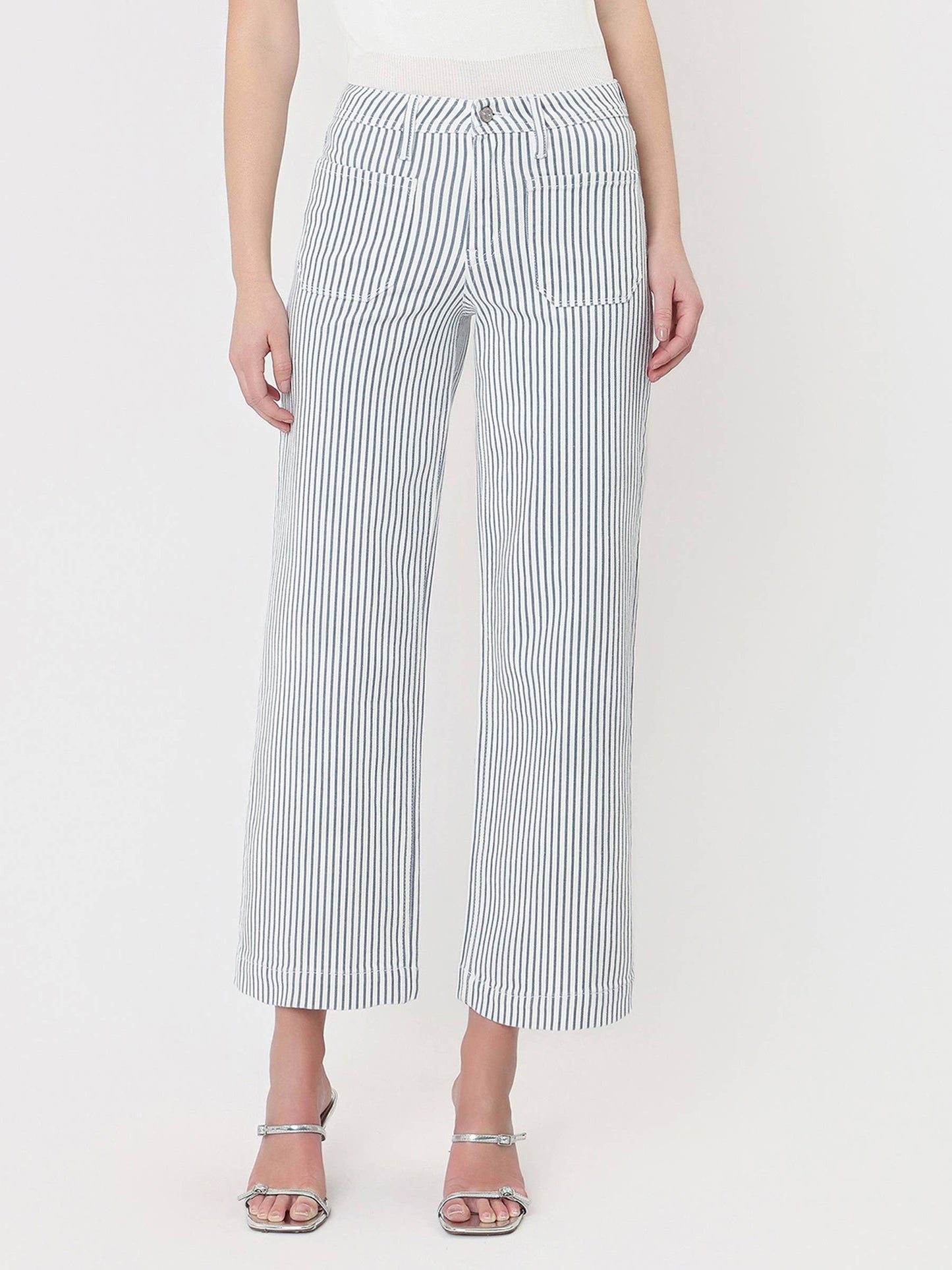 HIGH RISE PATCH POCKET CROP STRIPED WIDE LEG JEANS LV2292STR