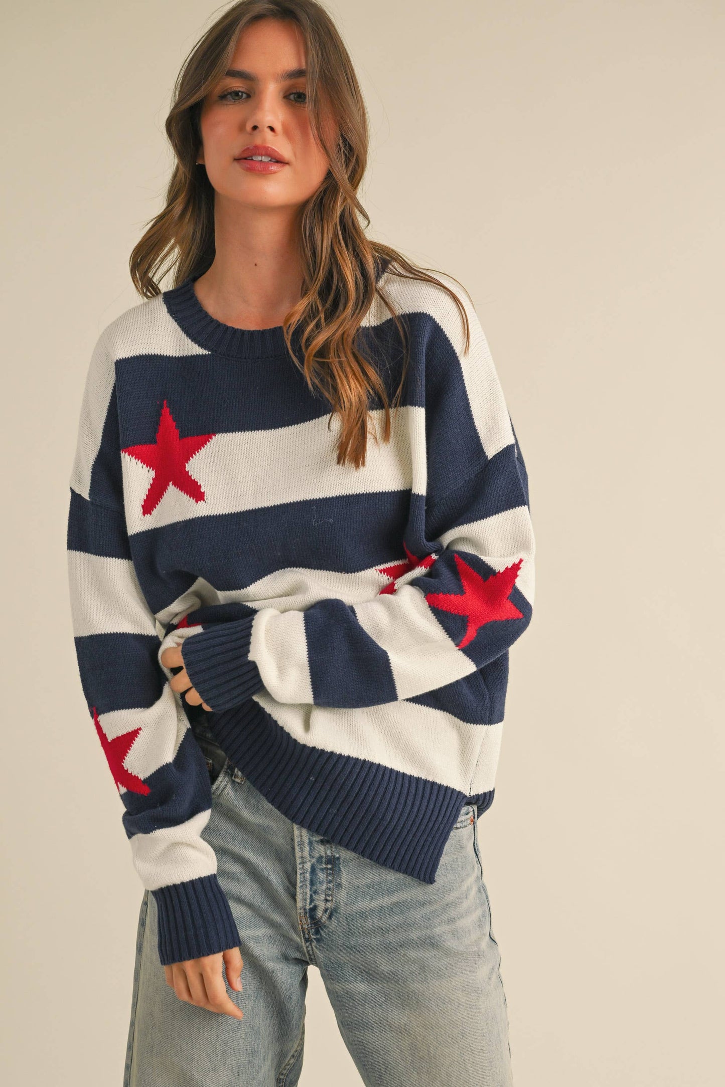 IT4047 STRIPED STARS SWEATER KNIT TOP