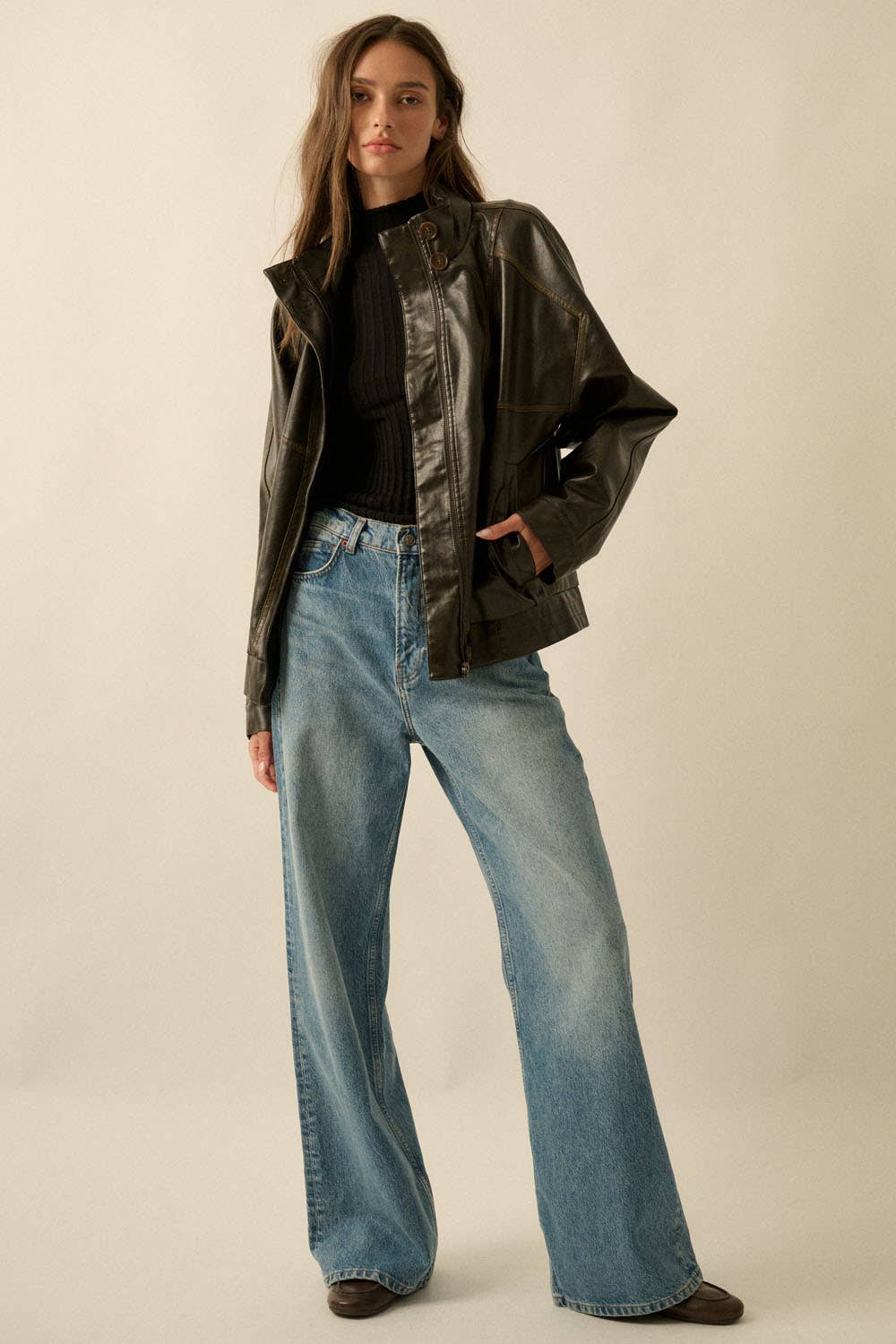 Faux Leather Piping-Trimmed Zip-Up Jacket