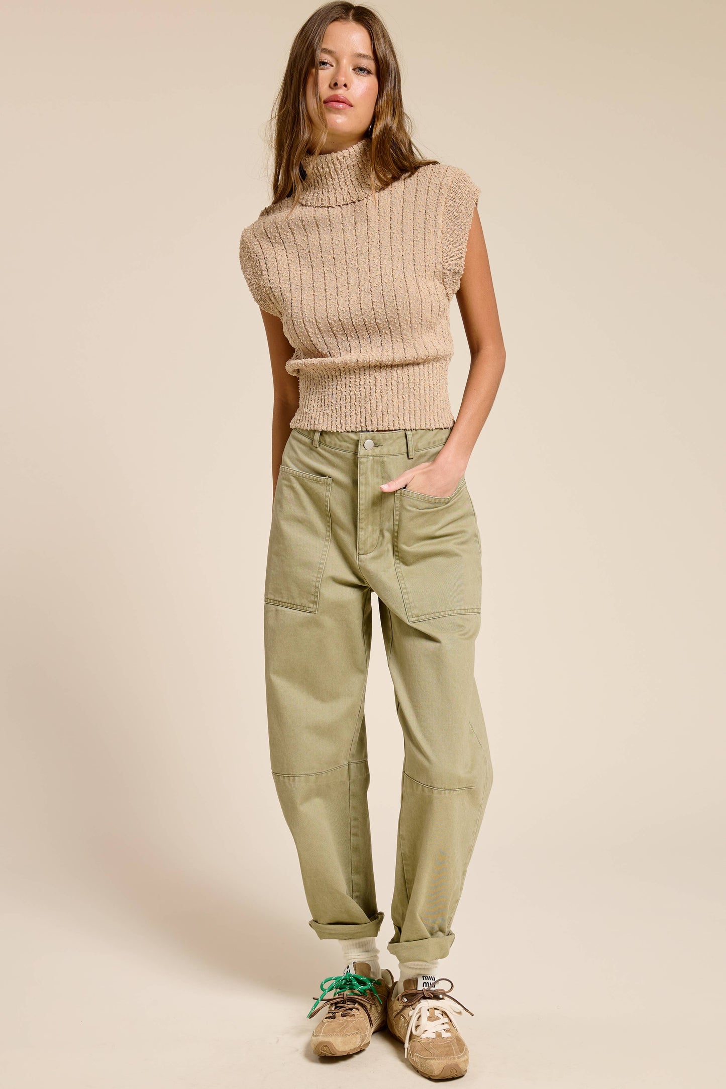 Sleeveless Ribbed Knit Turtleneck Sweater
