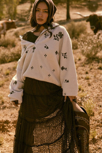 Floral-Embroidered Fleece Half-Snap Pullover