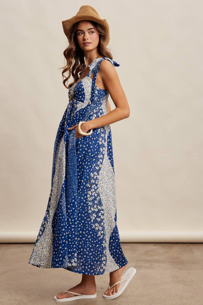 Patchwork Tie Strap Cotton Maxi Dress LD1625