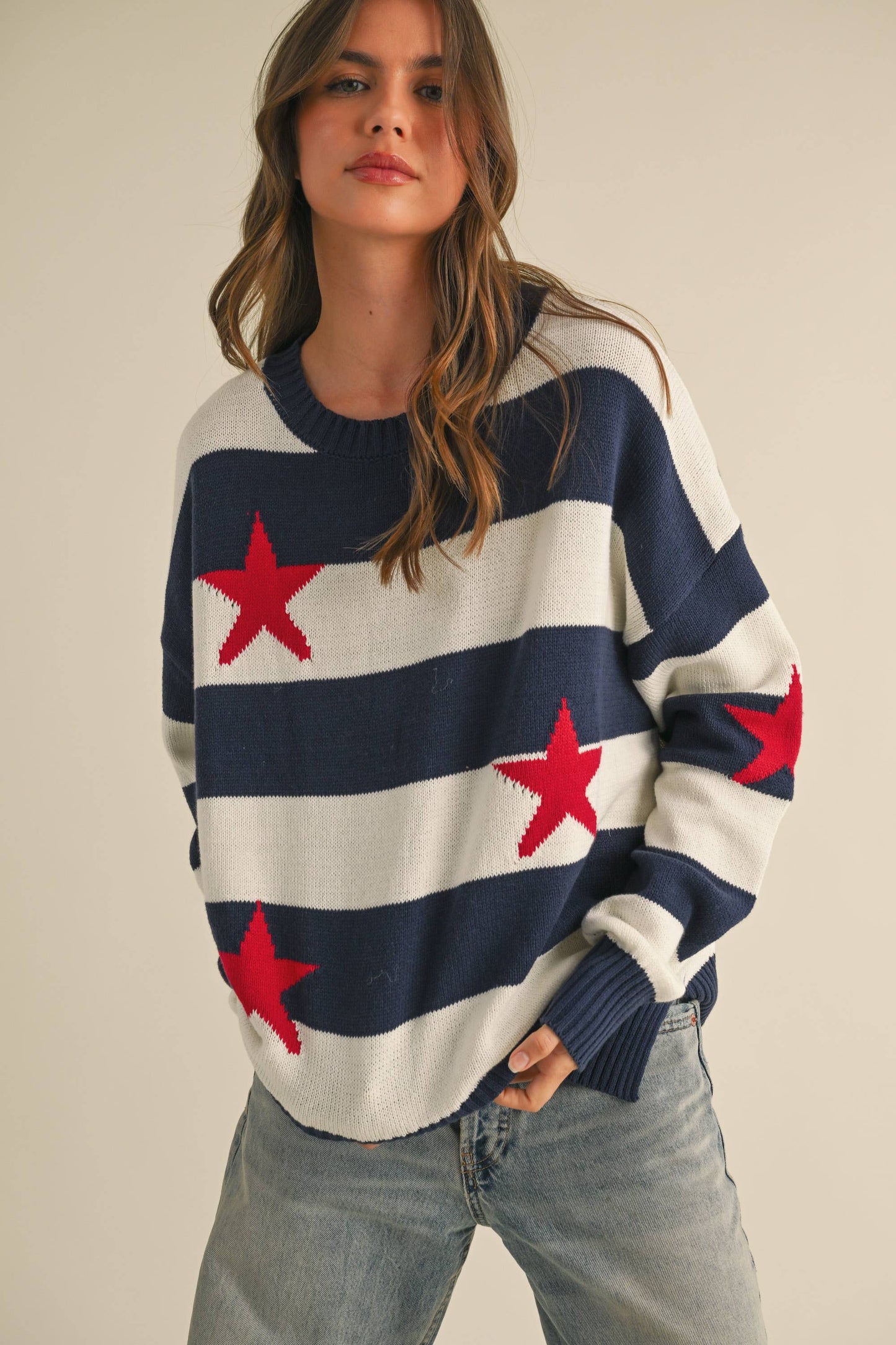 IT4047 STRIPED STARS SWEATER KNIT TOP