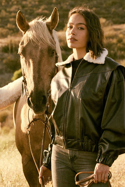 Faux Leather Shearling-Collar Zip-Up Bomber Jacket