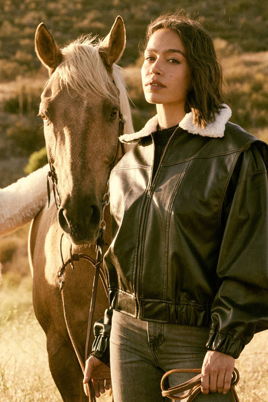 Faux Leather Shearling-Collar Zip-Up Bomber Jacket