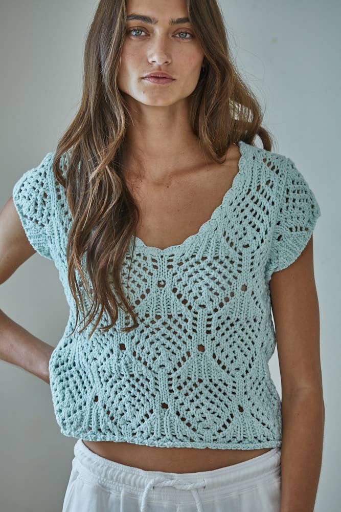 W2030 | Knit Sweater Cotton Crochet V-Neck Cap Sleeve Top