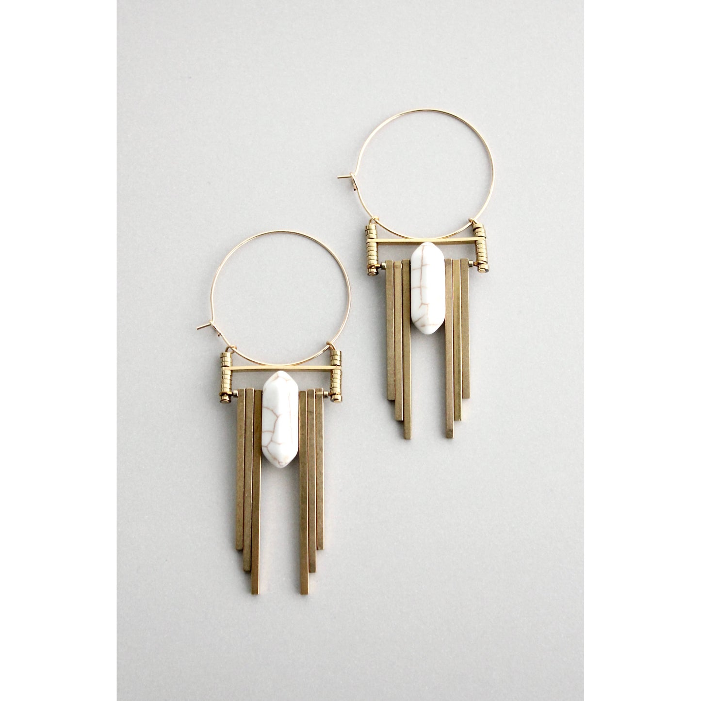 white and brass art deco hoop earrings