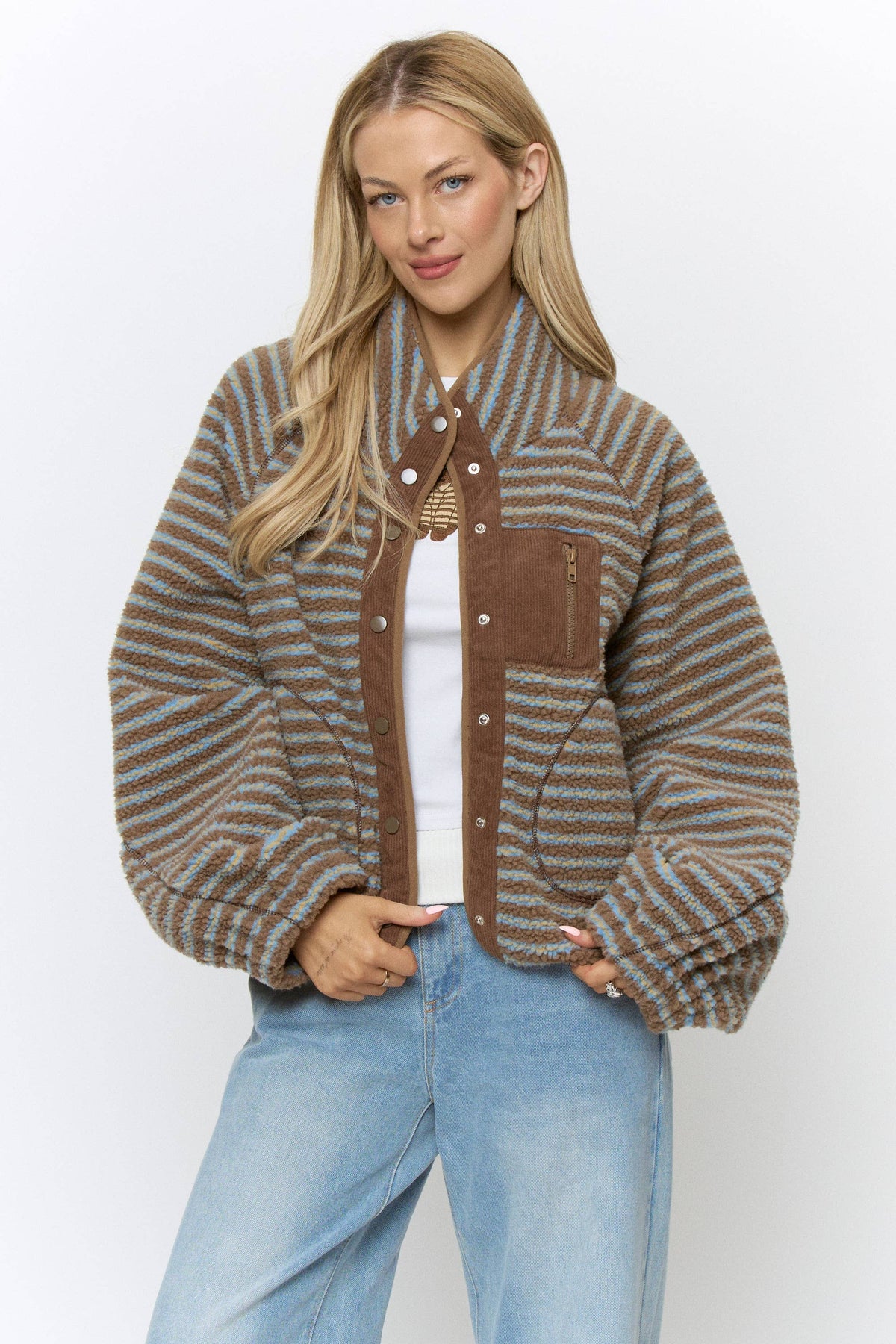 OVERSIZED PRINTED FLEECE JACKET - BJ1029C MOCHA