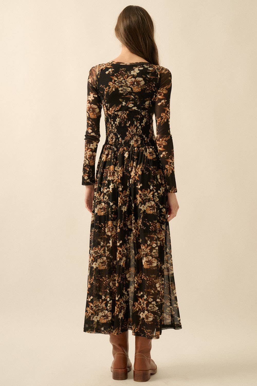 Floral Mesh Smocked Long-Sleeve Midi Dress