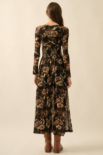 Floral Mesh Smocked Long-Sleeve Midi Dress
