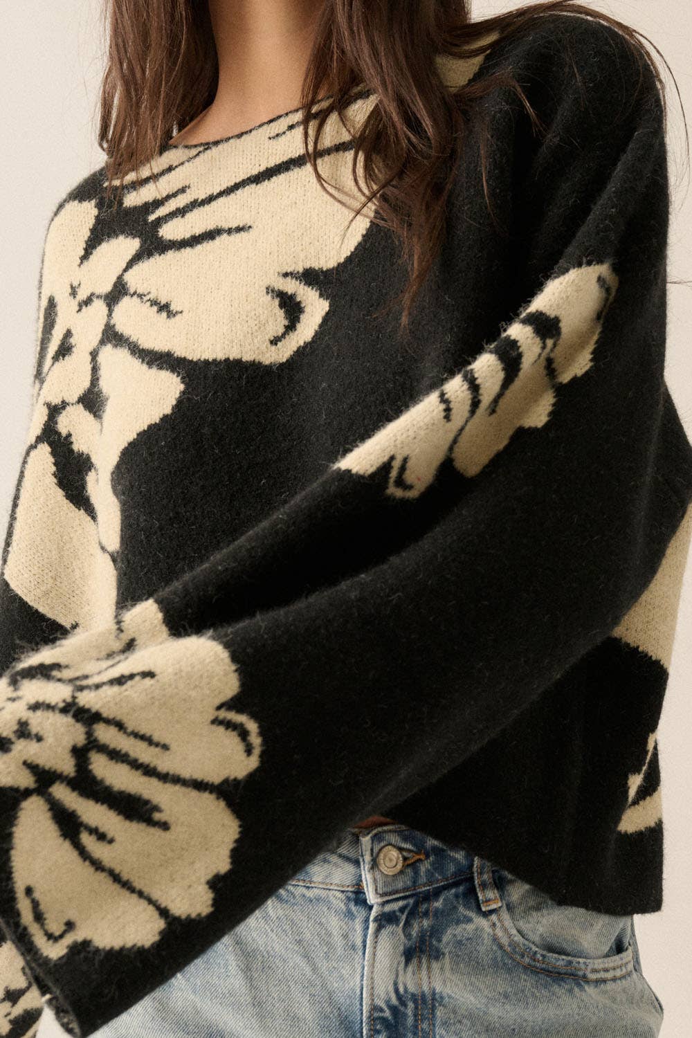 Solid Contrasting Floral Sweater