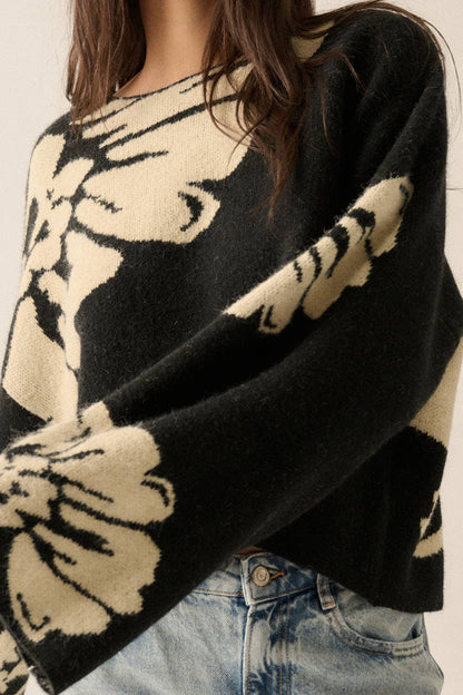Solid Contrasting Floral Sweater