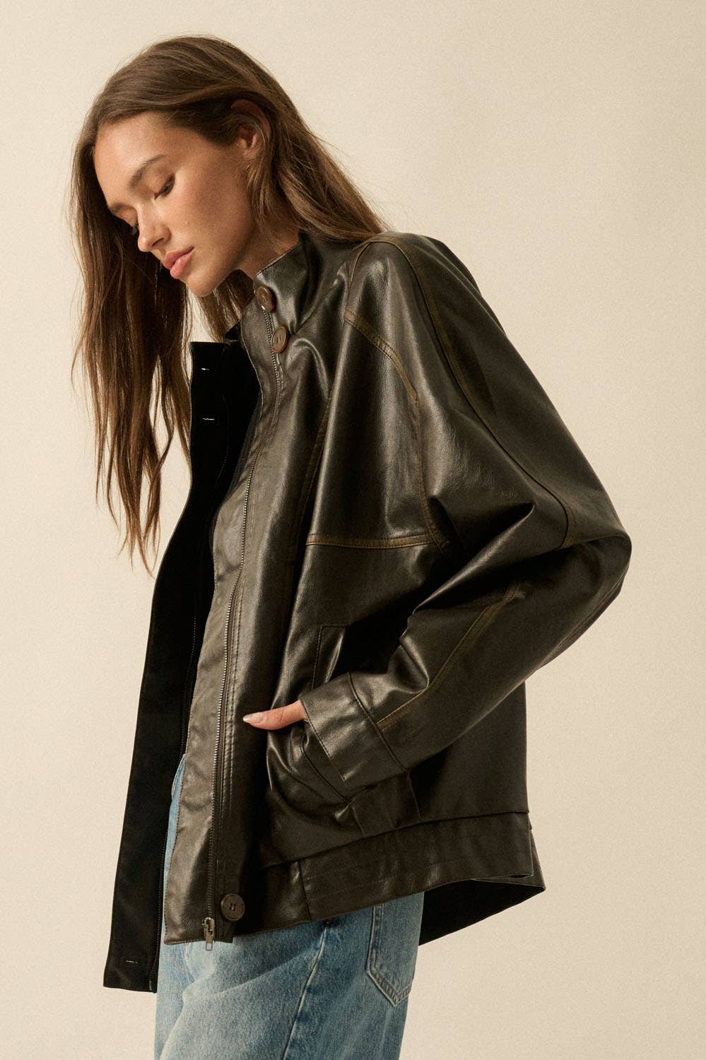 Faux Leather Piping-Trimmed Zip-Up Jacket