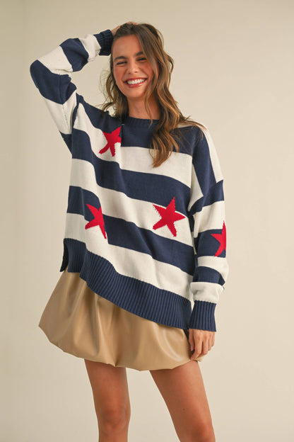 IT4047 STRIPED STARS SWEATER KNIT TOP