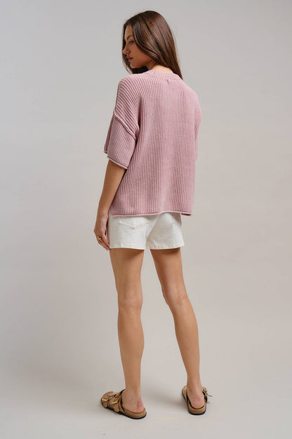 Mineral Wash Exposed Seam Short Sleeve Sweater