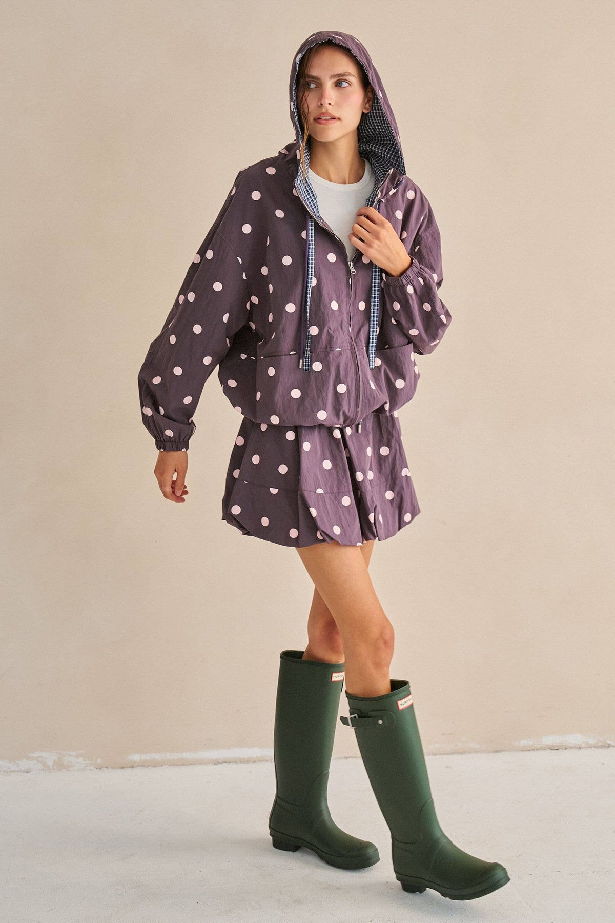 POLKA DOT DRAWSTRING HOODED JACKET