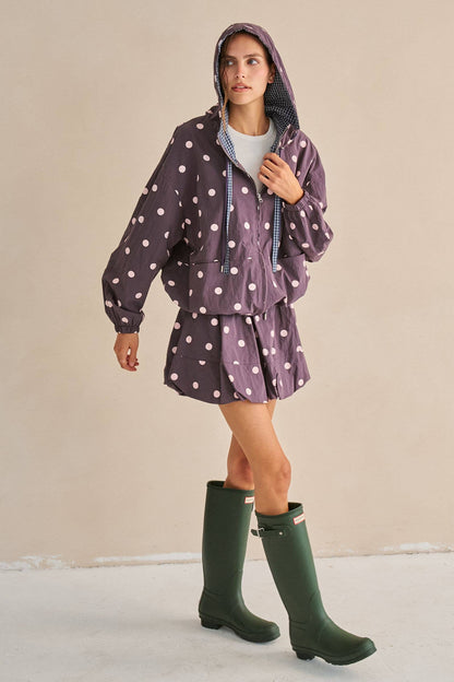 POLKA DOT DRAWSTRING HOODED JACKET