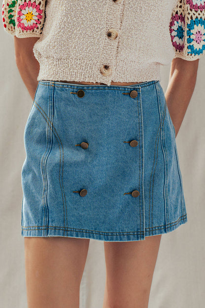 Retro Button Front High Waisted Denim Skort