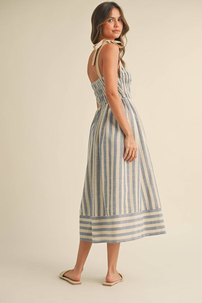 STRIPED CHEVRON WAIST SMOCKED TOP TIE STRAP MIDI